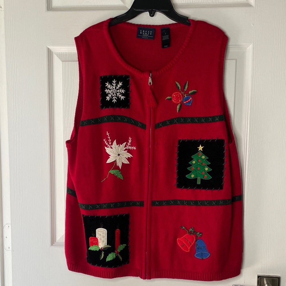 Crazy Horse Christmas Embroidered Novelty Holiday Tassel Zip Knit Sweater Vest